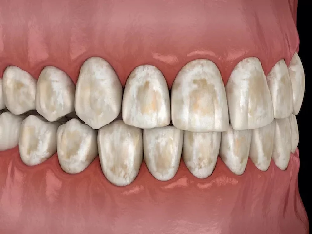 Close-up of upper and lower front teeth showing significant yellowish-brown plaque or tartar buildup on the surfaces, with visible surrounding gums.